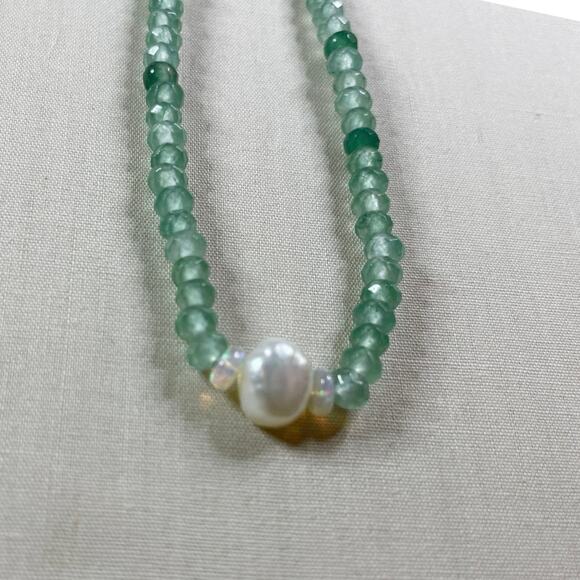New gemstone necklace, light green rainbow agate, Ethiopian opal & pearl - Picture 2 of 2
